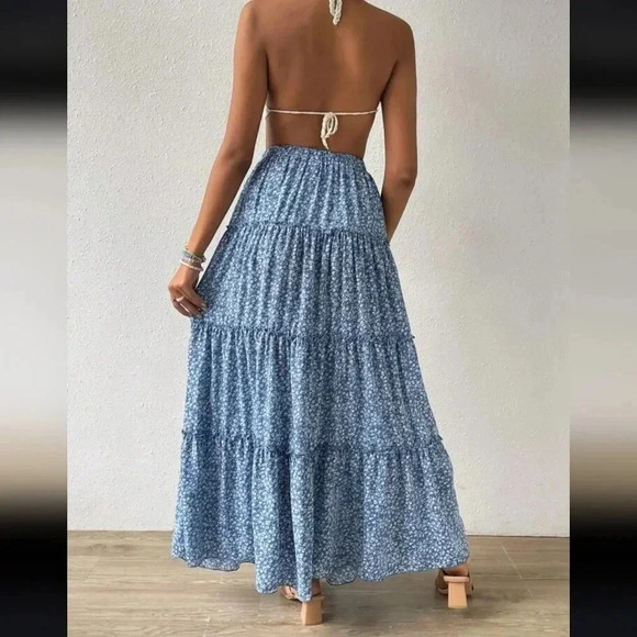 Ditsy Floral Print Frill Trim Summer Beach Ruched Skirt - Picture 5 of 6